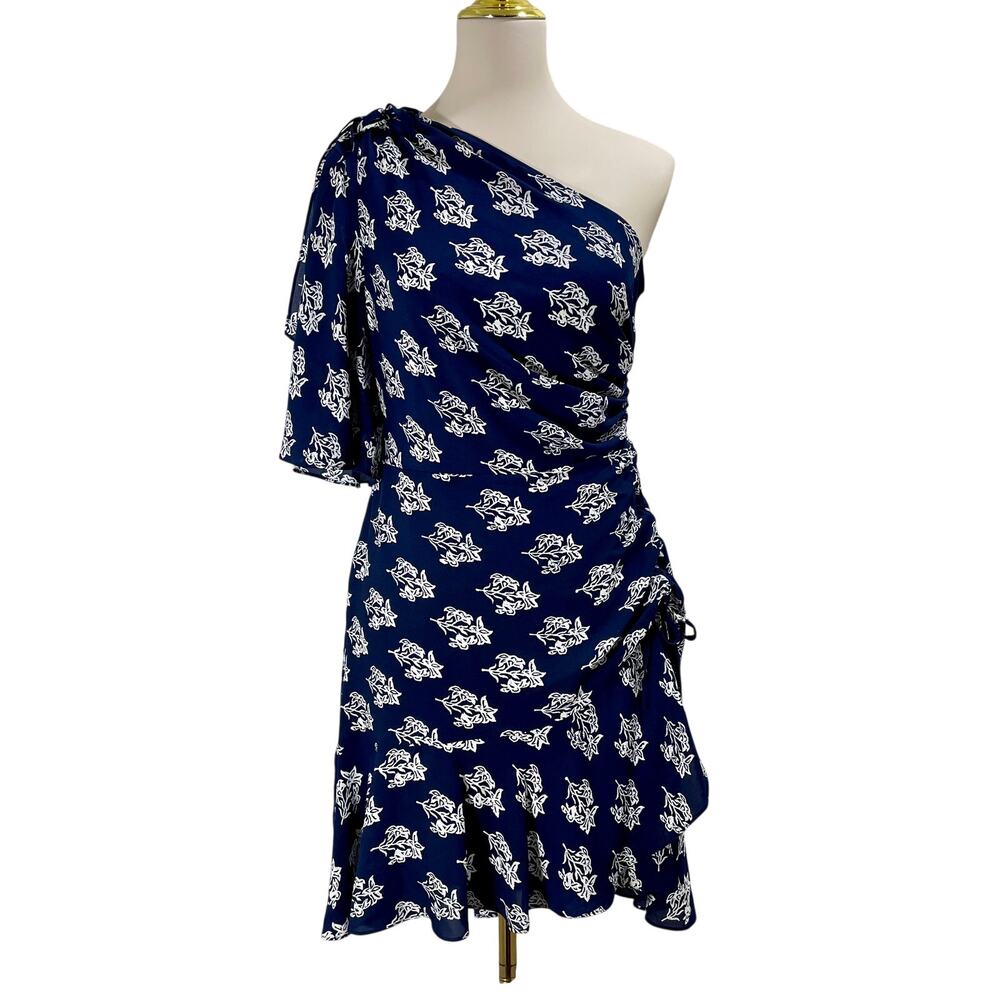 A.L.C. Misha Ruched One-Shoulder Floral Silk Mini Dress in Navy / White Size 8